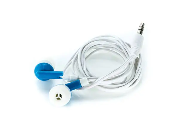 Blue earphones on a white background