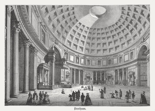 panteon w rzymie, widok z wnętrza, opublikowana w 1878 roku - cupola people rome lazio stock illustrations