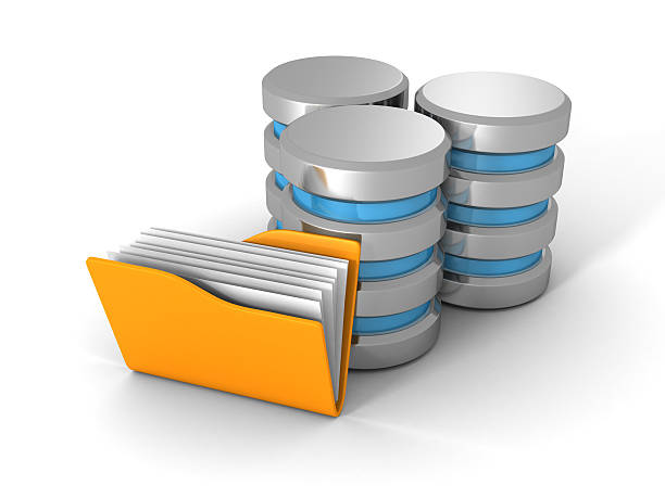 Computer Database With Yellow Office Document Folder stock photo