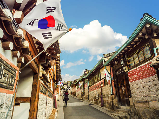 Bukchon Hanok Village in Seoul, South Korea. Traditional Korean style architecture at Bukchon Hanok Village in Seoul, South Korea. south korea stock pictures, royalty-free photos & images