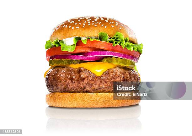 Giant Perfect Burger Large Massive Thick Classic American Cheeseburger White Stock Photo - Download Image Now