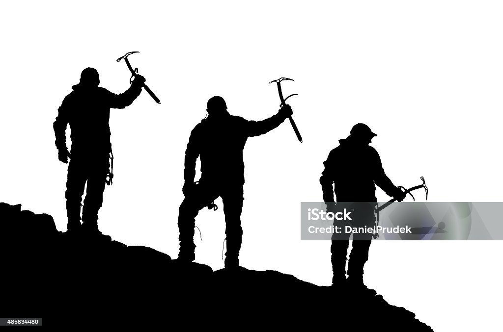 black silhouette of three climbers with ice axe in hand black silhouette of three climbers with ice axe in hand on the white background 2015 Stock Photo