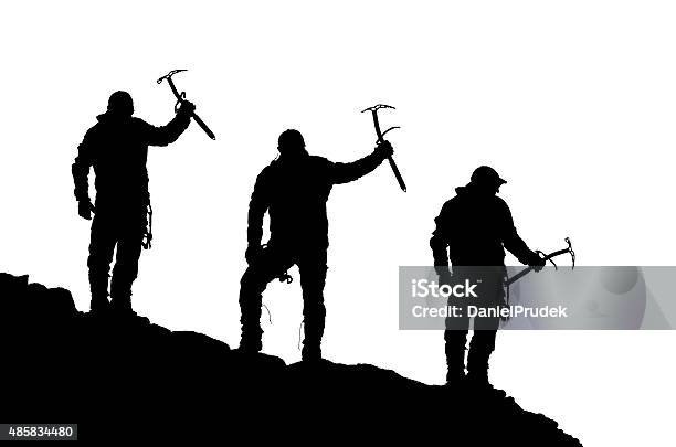 Black Silhouette Of Three Climbers With Ice Axe In Hand Stock Photo - Download Image Now