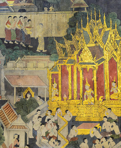 istock Thai mural painting on temple wall 485836418