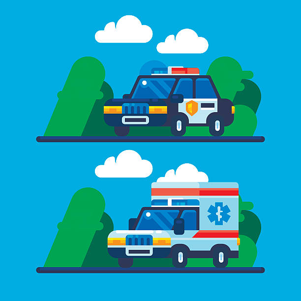 ilustrações de stock, clip art, desenhos animados e ícones de polícia e ambulância carro na estrada - travel healthcare and medicine emergency services urgency
