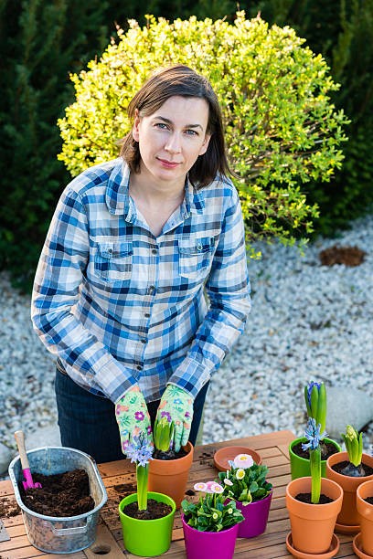 istock Woman planting flower bulbs - looking at camera 485841682