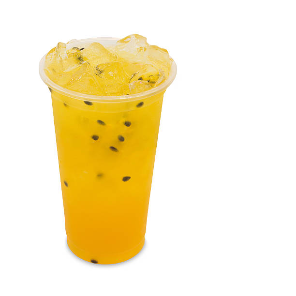 ice tea passion fruit in takeaway glass isolated on white
