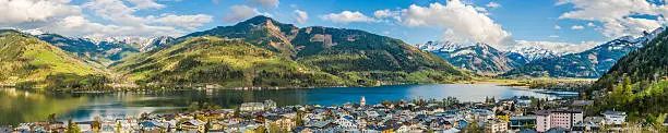 Panoramic view of beautiful mountain landscape in the Alps with Zeller Lake in Zell am See, Salzburger Land, Austria