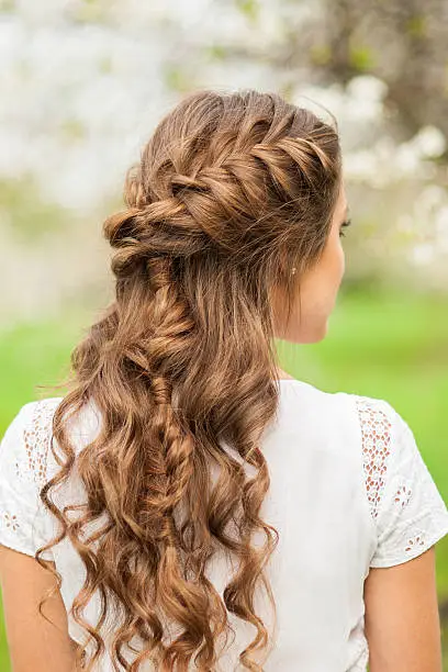Girl with beautiful  braid hairstyle, rear view