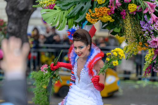 Nice, France - February 23, 2013: Female Entertainer in carnival Costum at the Nice Flower Carnival on February 23, 2013 in Nice, France