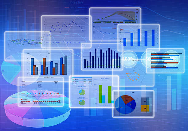 diagramas y diagrama de negocios con símbolos financieros - touch screen futuristic technology forecasting fotografías e imágenes de stock