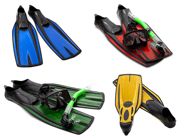 istock Set of multicolored flippers, mask, snorkel for diving with wate 485852599