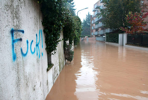 istock written into a wall during the flood in the city 485855133