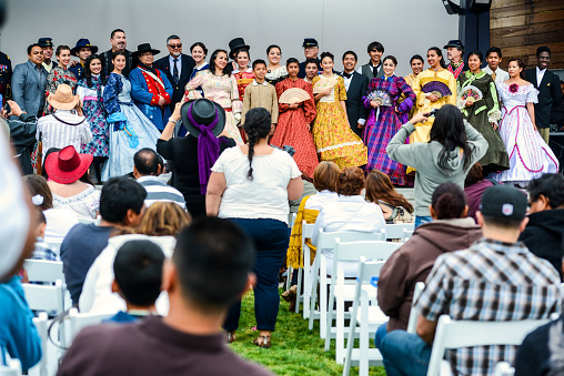 Los Angeles, USA - May 5, 2013: Cinco De Mayo Celebration in Los Angeles, USA, crowds of people in El Pueblo district of Los Angeles. People sitting outdoors watching show on scene. 