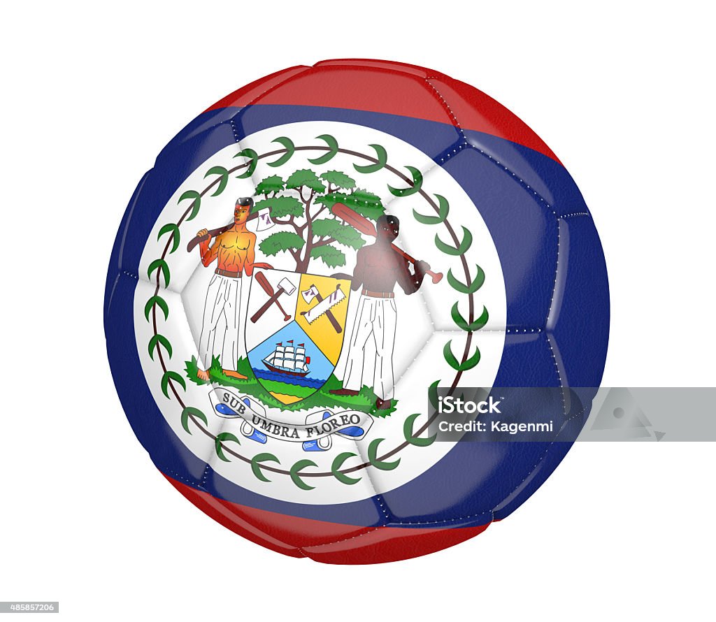 Soccer ball with the country flag colors of Belize Realistic sports item render of a football, also known as a soccer ball, painted with the Belize national flag, and isolated over a white background. 2015 Stock Photo