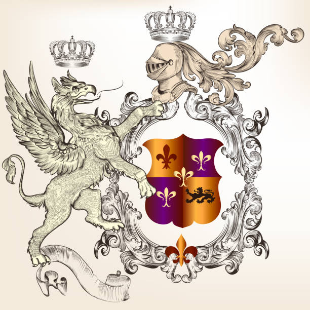 heraldic 설계 griffin, 기사 및 국가 문장 (coat of arms) - shield lion griffin crown stock illustrations