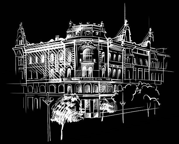 illustrations, cliparts, dessins animés et icônes de croquis architectural de blanc encre et crayon sur papier noir - color image black background town human hand