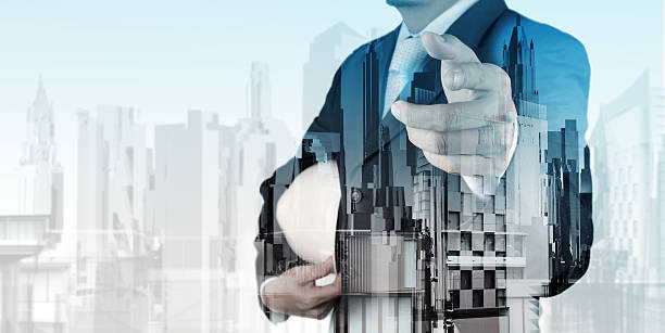 istock Double exposure of business engineer 485859698