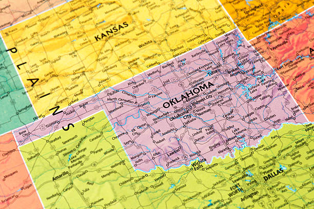 Oklahoma Oklahoma State map. Selective Focus.  international border photos stock pictures, royalty-free photos & images