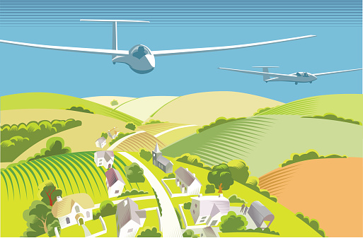 Gliders flying over countryside in traditional cross hatch style. EPS10 file, CS3, CS5 and freehand versions in the zip