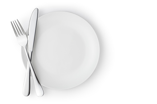 Fork and knife on a empty plate, Isolated on white background.