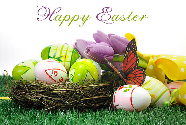 istock Happy Easter colorful pink and green Easter Eggs in nest 485865123