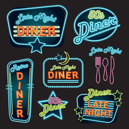 Late night retro Diner neon sign set