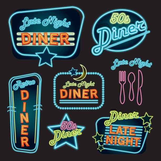 Late night retro Diner neon sign set Late night retro Diner neon sign set 1950s diner stock illustrations