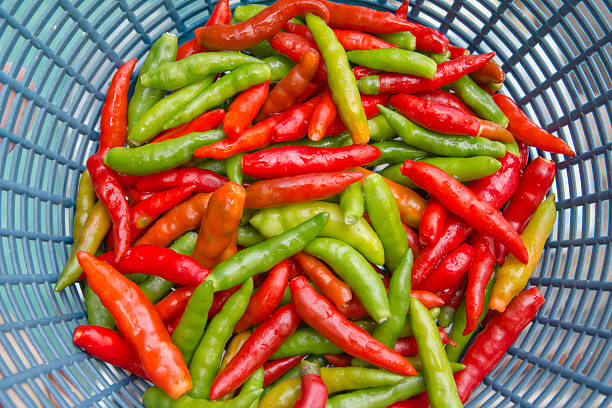 close up chilli many color in basket stock photo