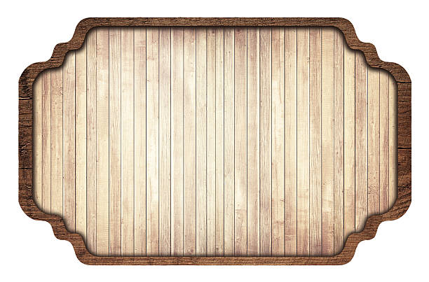 Brown wooden signboard, plate, planks and dark frame on white background.