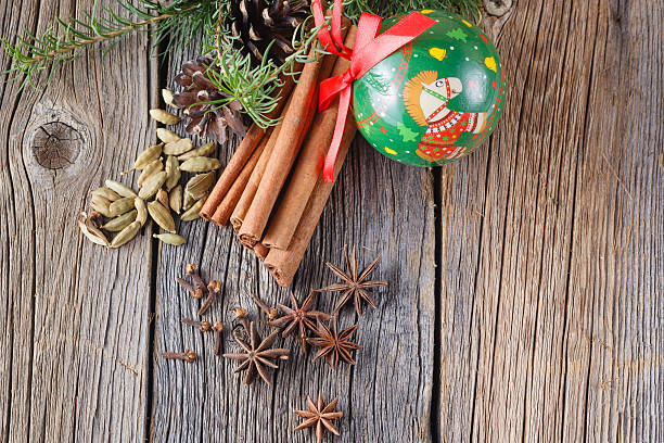 istock Mulled wine recipe, spices on wooden background 485866780