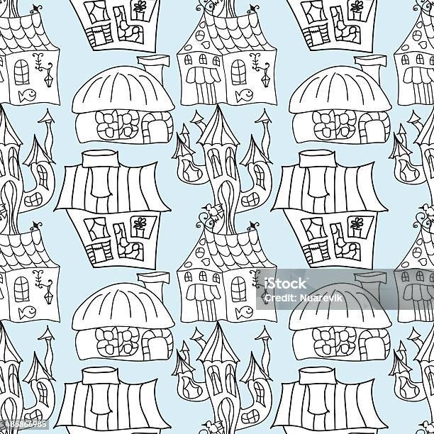 Houses Monochrome Seamless Pattern Stock Illustration - Download Image Now - Architecture, Black Color, Built Structure