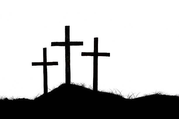 Crosses Isolated on White Three crosses are iconic of Christianity. Here is a simple silhouette of crosses on a hill designed to be overlaid on a background of your choice. self sacrifice stock pictures, royalty-free photos & images