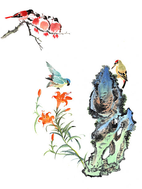 stone mit vogel - flower bird floral pattern retro revival stock-grafiken, -clipart, -cartoons und -symbole