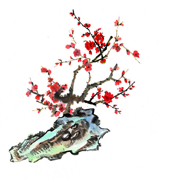 plum bloom i kamienia - flower bird floral pattern retro revival stock illustrations