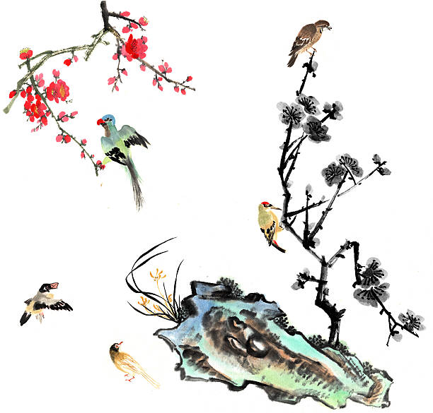 tradycyjne malarstwo - flower bird floral pattern retro revival stock illustrations