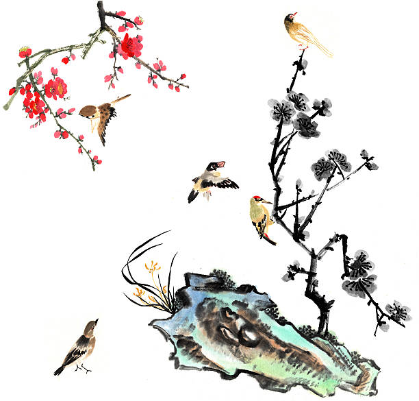 tradycyjne malarstwo - flower bird floral pattern retro revival stock illustrations