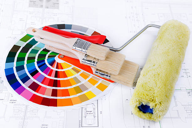 istock Color Swatch for home improvement blueprints and paintbrush 485868657