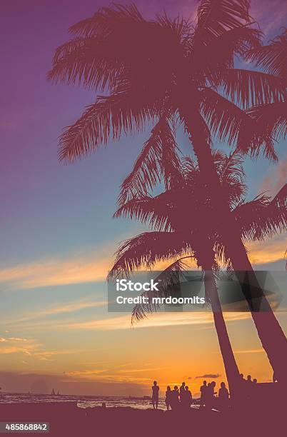 Retro Beach Party Under Palm Trees Stock Photo - Download Image Now - Retro Style, Old-fashioned, Beach