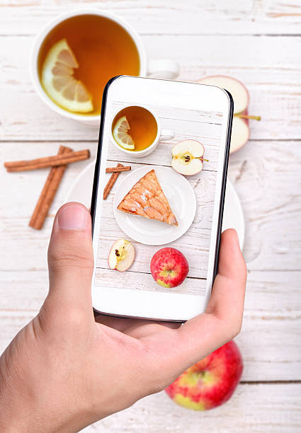 istock Hands taking photo apple cake with smartphone 485869988