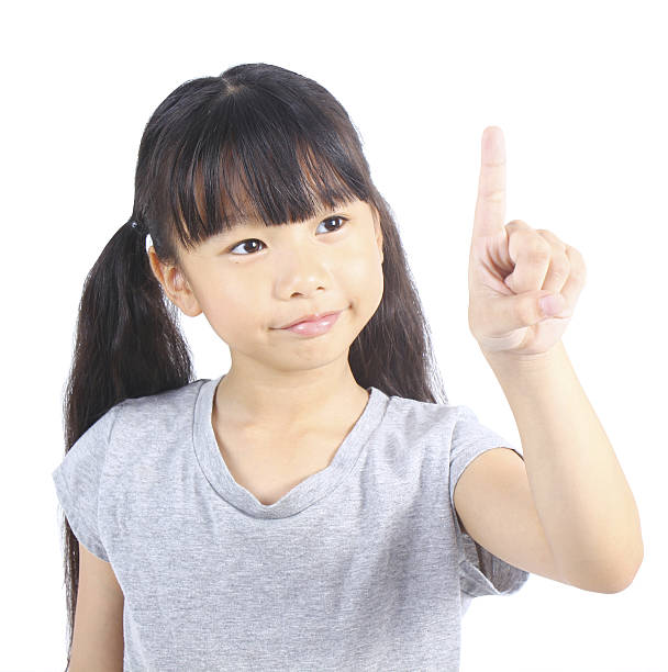 istock Little girl pointing up with her finger 485870332