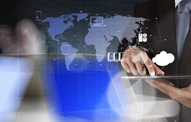istock Double exposure of businessman shows modern technology 485872468