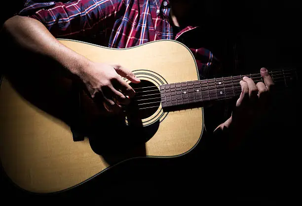 Photo of young man playing an acoustic guitar in studio