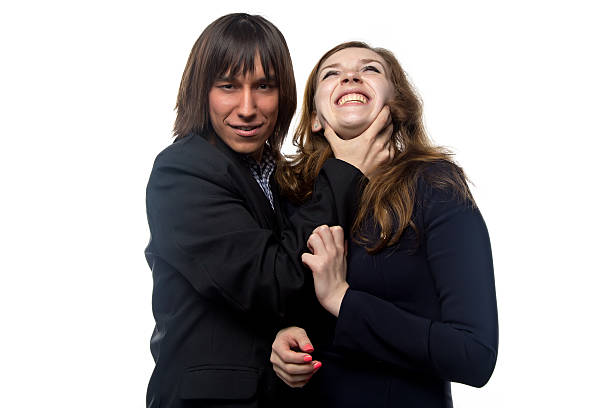 Man holding woman's neck Man holding woman's neck on white background woman strangles man stock pictures, royalty-free photos & images