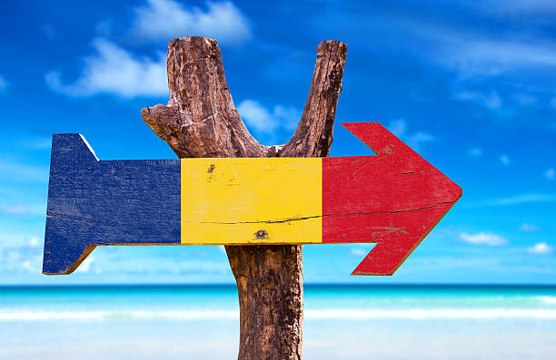 istock Romania Flag wooden sign with beach background 485873880