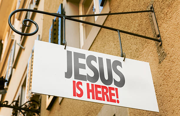istock Jesus is Here! sign in a conceptual image 485875016