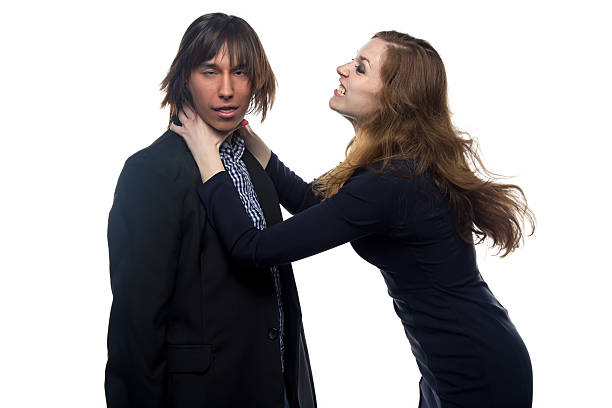 Aggressive woman and man Aggressive woman and man on white background woman strangles man stock pictures, royalty-free photos & images