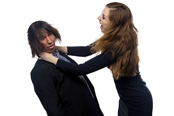 Aggressive blond woman and man Aggressive blond woman and man on white background woman strangles man stock pictures, royalty-free photos & images