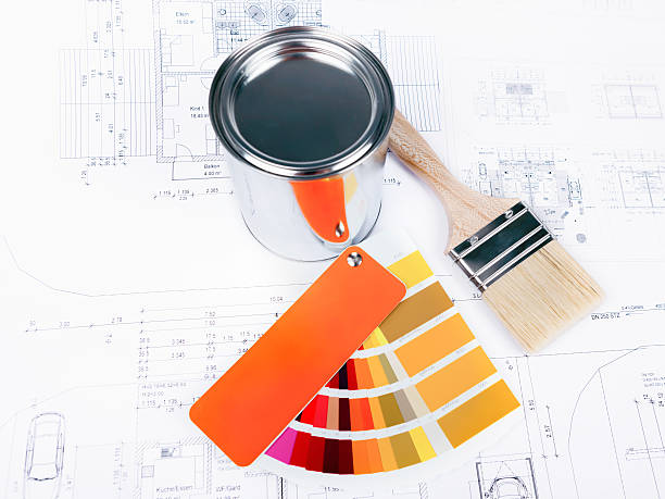 istock Color Swatch for home improvement blueprints and paintbrush 485878245