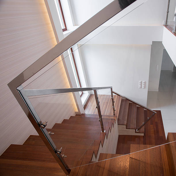 istock Modern wooden and glass staircase 485878718